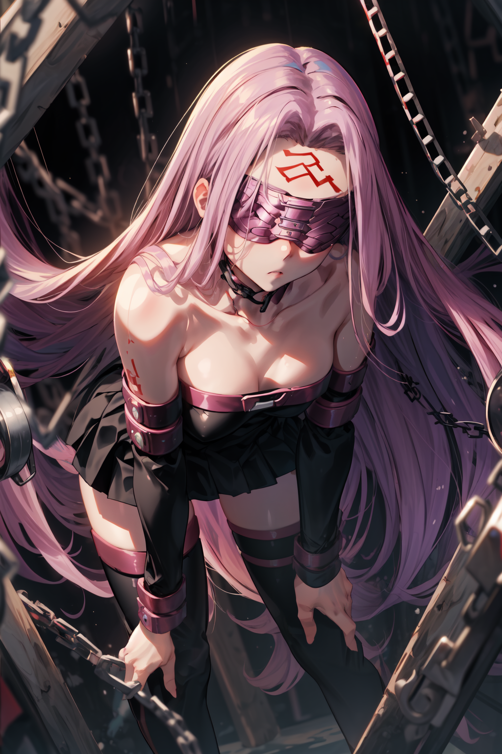 00388-1699216208-masterpiece,best quality,1girl,MedFSN,purple hair,very long hair,blindfold,zettai ryouiki,facial mark,forehead mark,strapless dr.png